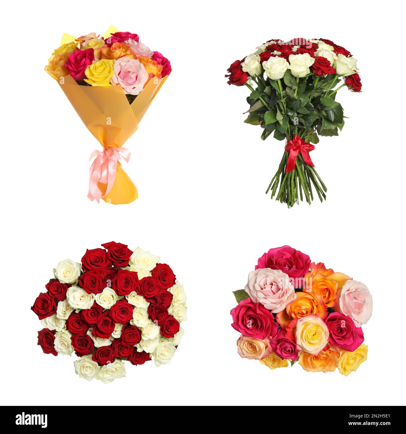 Set of beautiful rose bouquets on white background Stock Photo Alamy