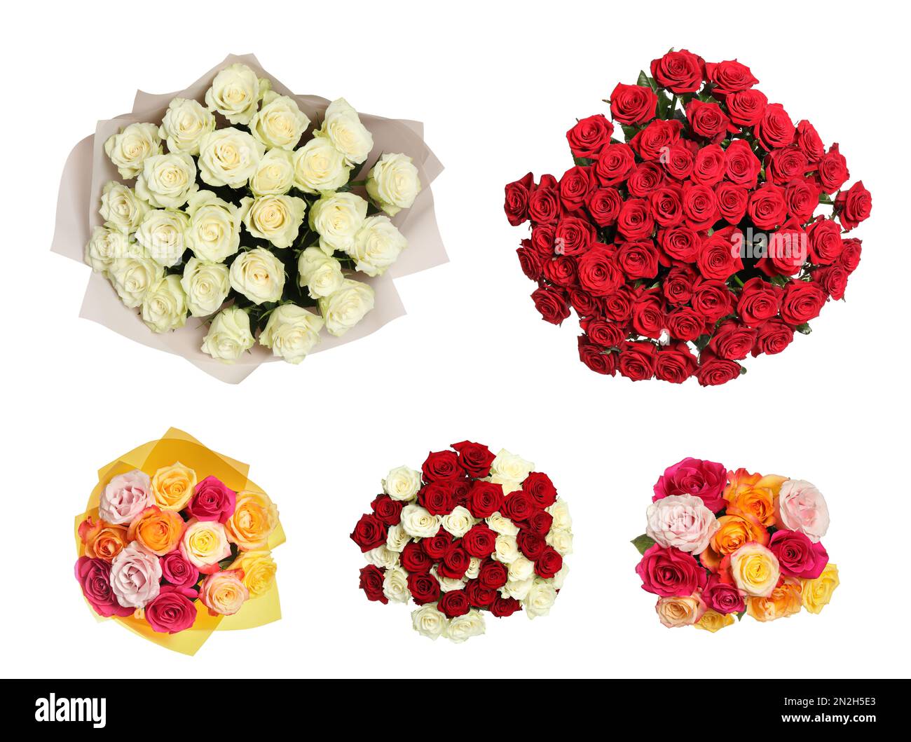 Set of beautiful rose bouquets on white background, top view Stock