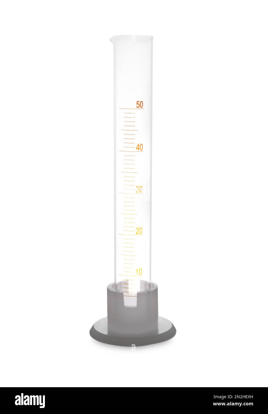 Empty graduated cylinder isolated on white. Laboratory glassware Stock