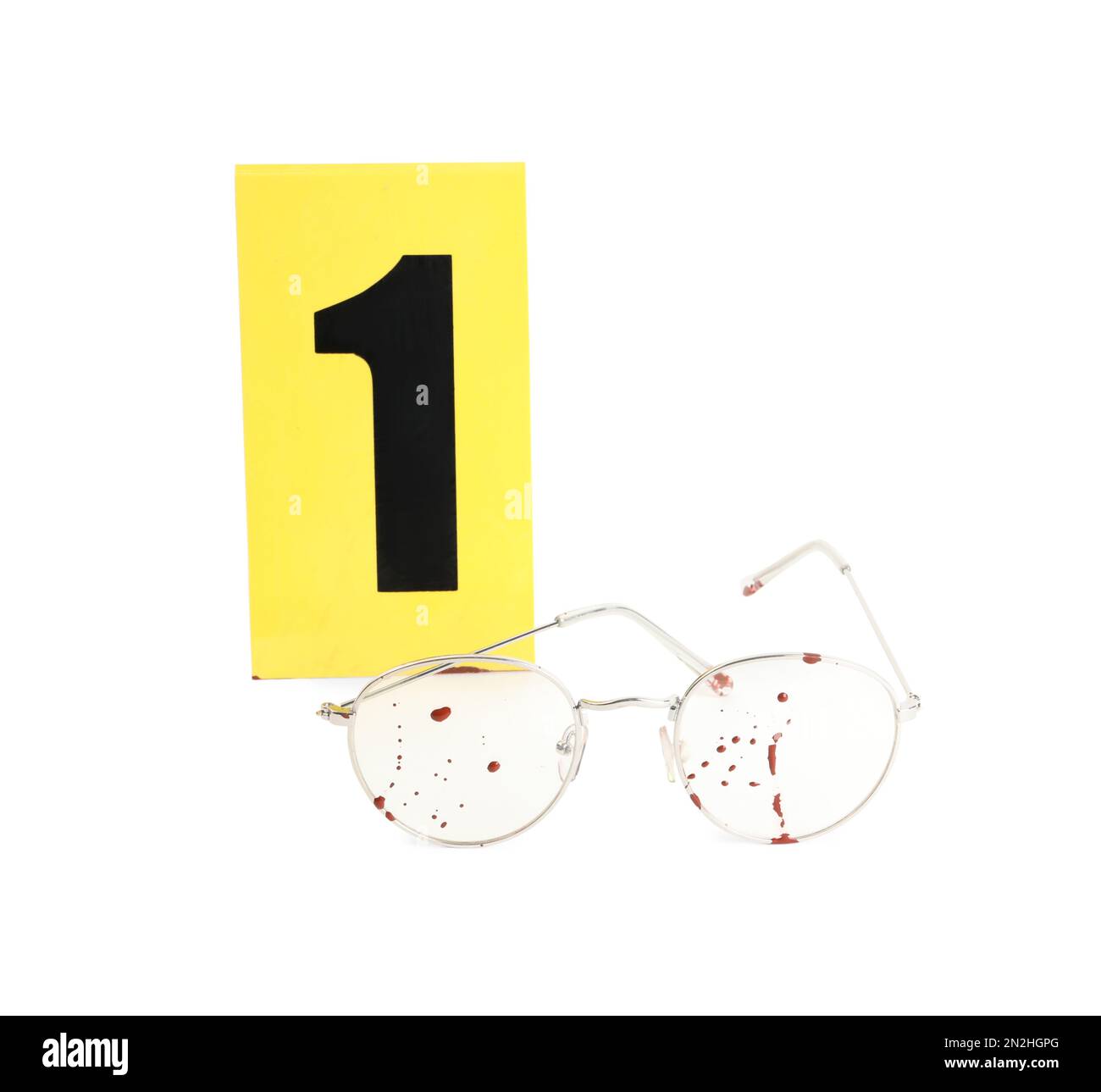 Bloody glasses and crime scene marker with number Stock Photo