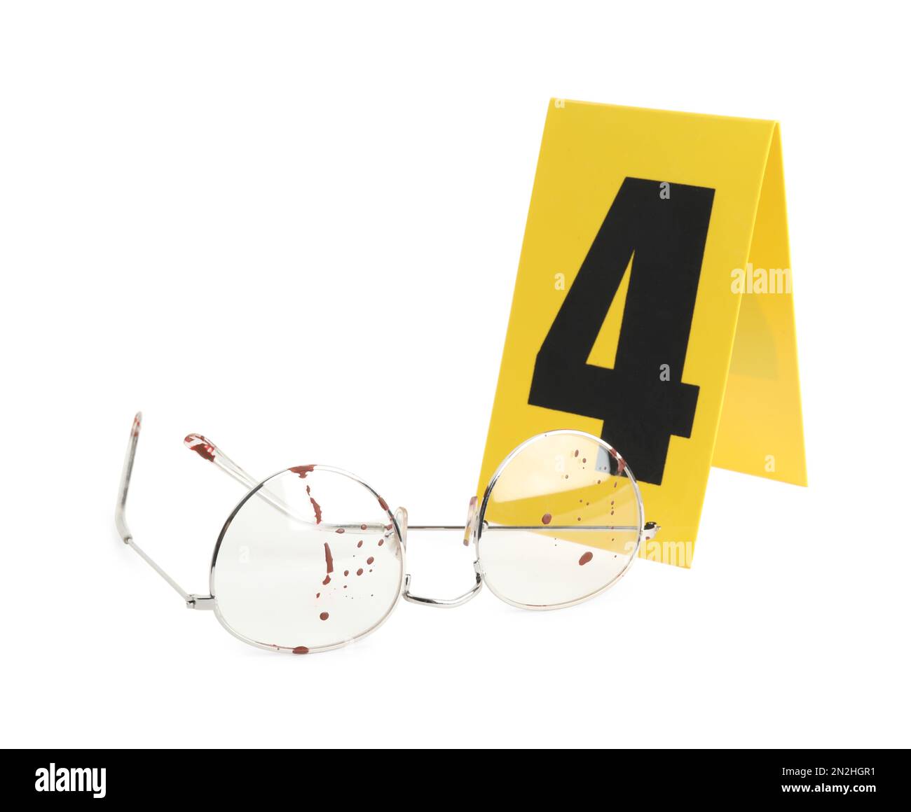 Bloody glasses and crime scene marker with number four isolated on white Stock Photo