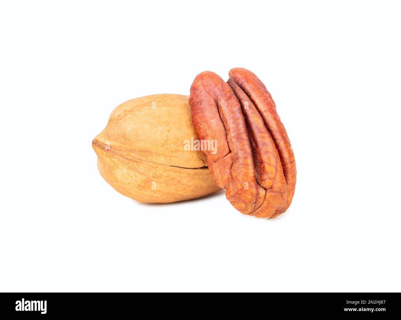 Half pecan and nut in shell isolated on white background. Stock Photo
