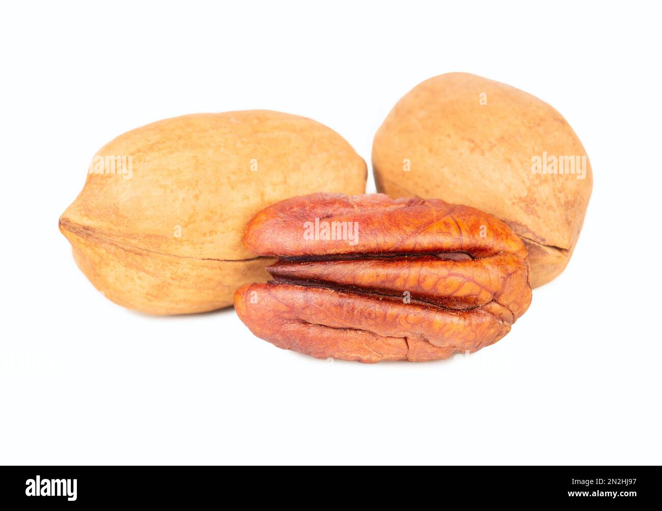 Two shelled nuts with half a pecan isolated on white background. Stock Photo