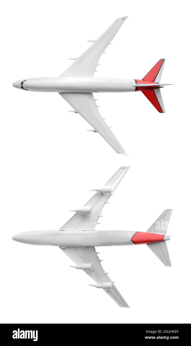 Collage with toy airplane isolated on white, top and bottom view Stock Photo