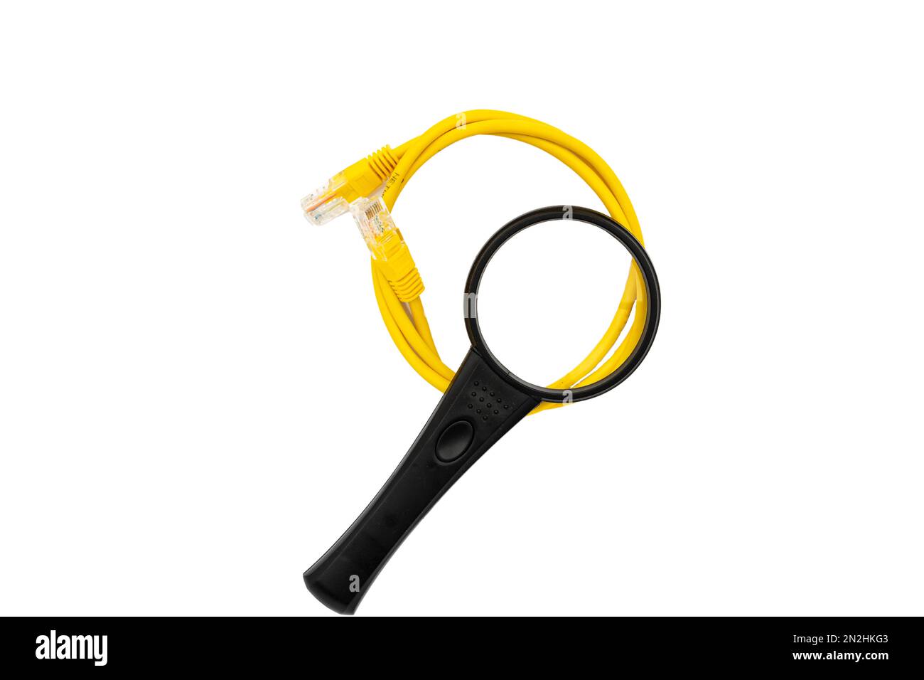 Magnifying glass with networking cable isolated on white background ...