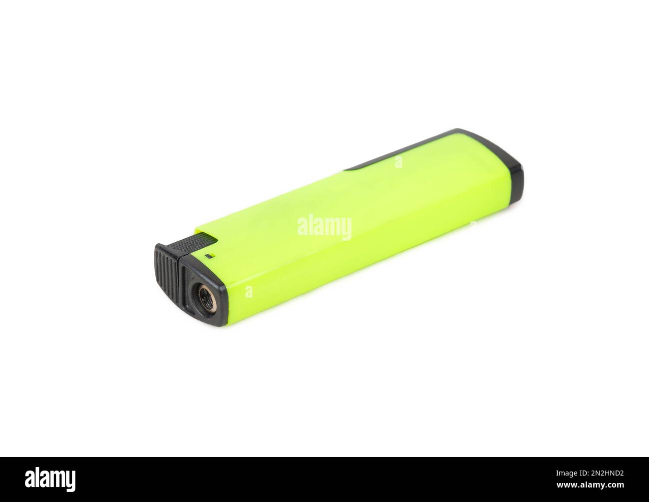Green plastic lighter isolated on white background. Stock Photo