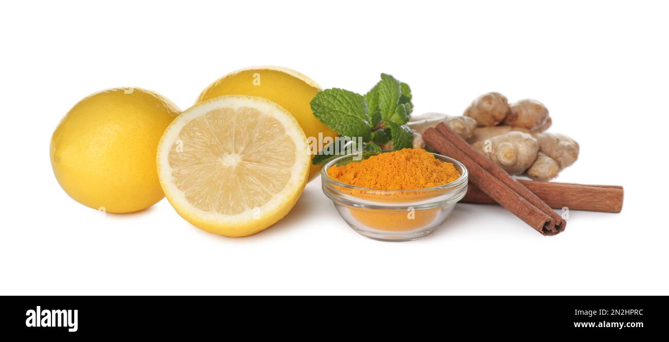 Composition with different natural antibiotics on white background Stock Photo