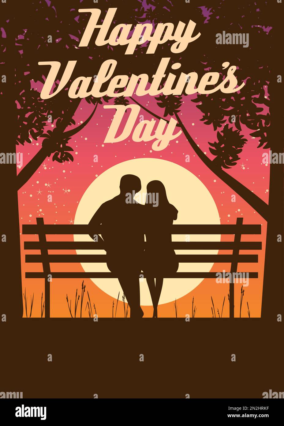 Silhouette loving couple on the bench at night. Happy Valentines Day ...