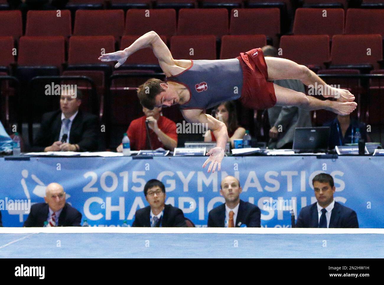 Stanford's Robert Neff competes in the floor exercise during the