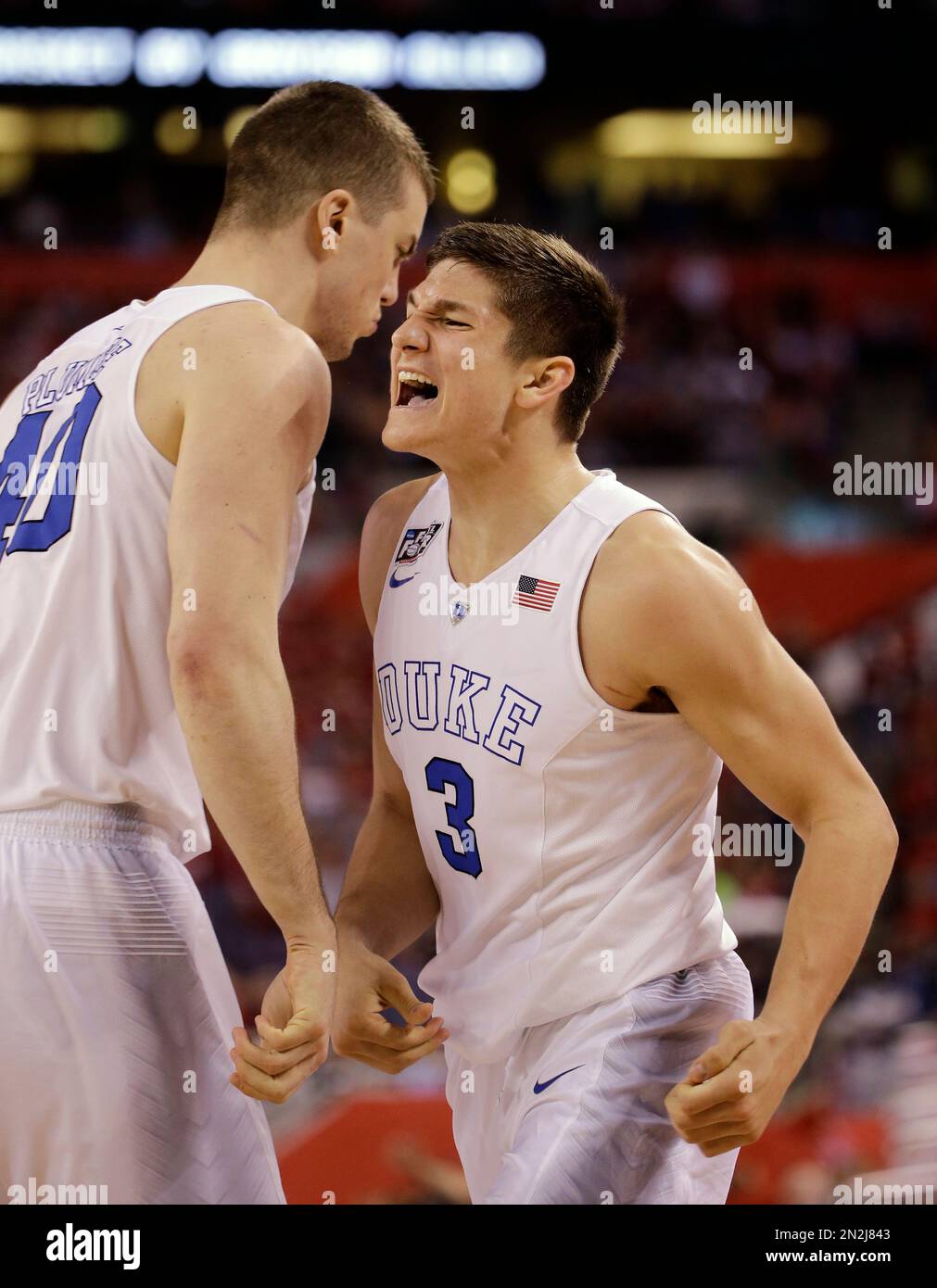 Duke's Grayson Allen (3) reacts to a call against Wisconsin during the
