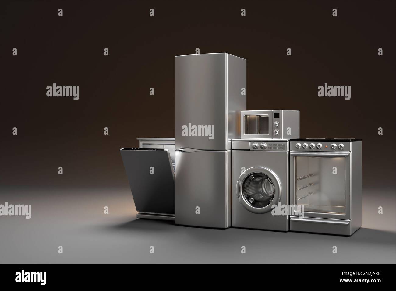 Realistic mockup of a washing machine, dishwasher, stove and refrigerator on a blue background