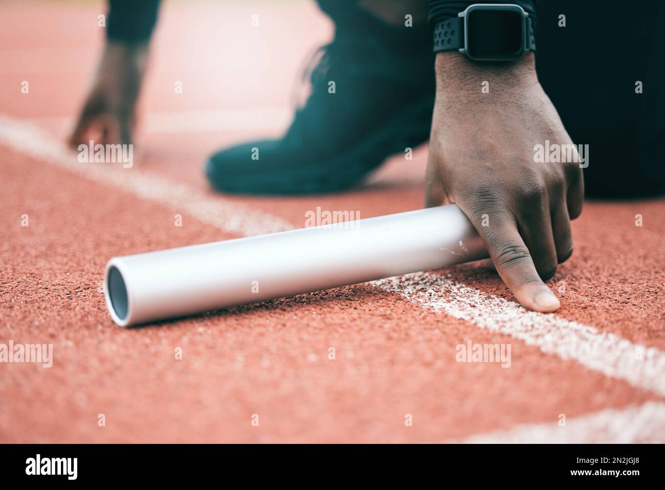 Black man, relay runner hands and marathon of a fitness, workout and