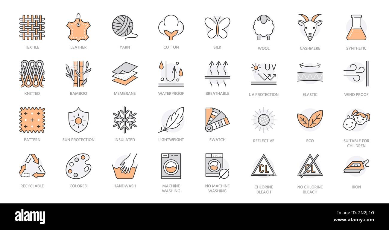 Fabric feature line icons set. Material features - textile, leather, cotton, silk, wool, cashmere yarn, synthetic vector illustration. Outline signs Stock Vector