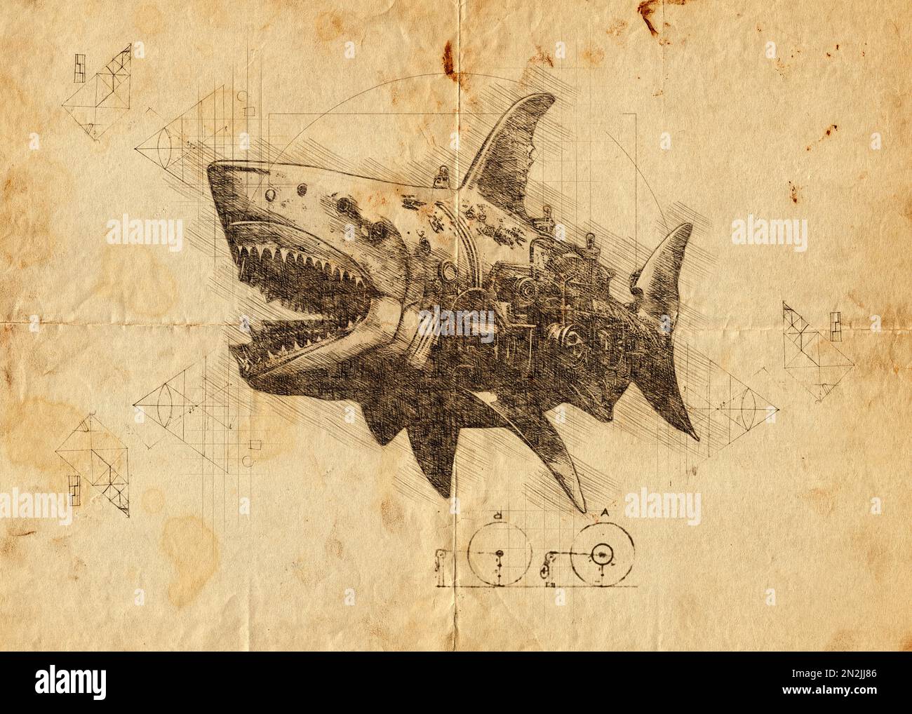 Digital hand drawn illustration or drawing of a shark with robot parts Stock Photo