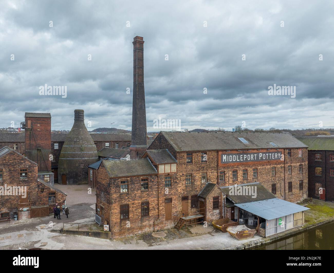 Pottery Stoke On Trent Staffordshire. Bottle Kilns and chimneys at Middleport pottery. Aerial view of historic pottery next to Mersey and Trent canal Stock Photo