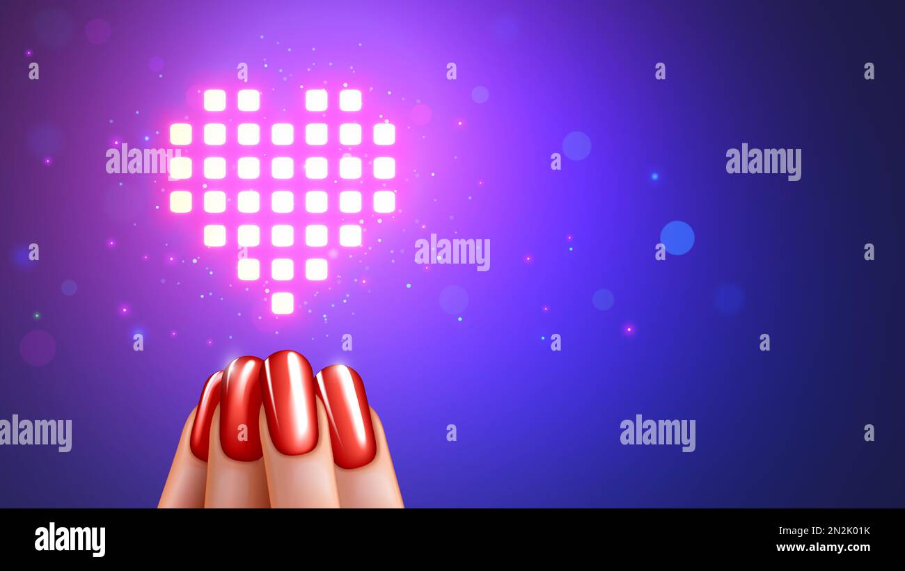 Valentines day banner in digital computers technology style. Pixels heart hung over woman hand with manicure. Holographic pixel art shapes of love hea Stock Vector