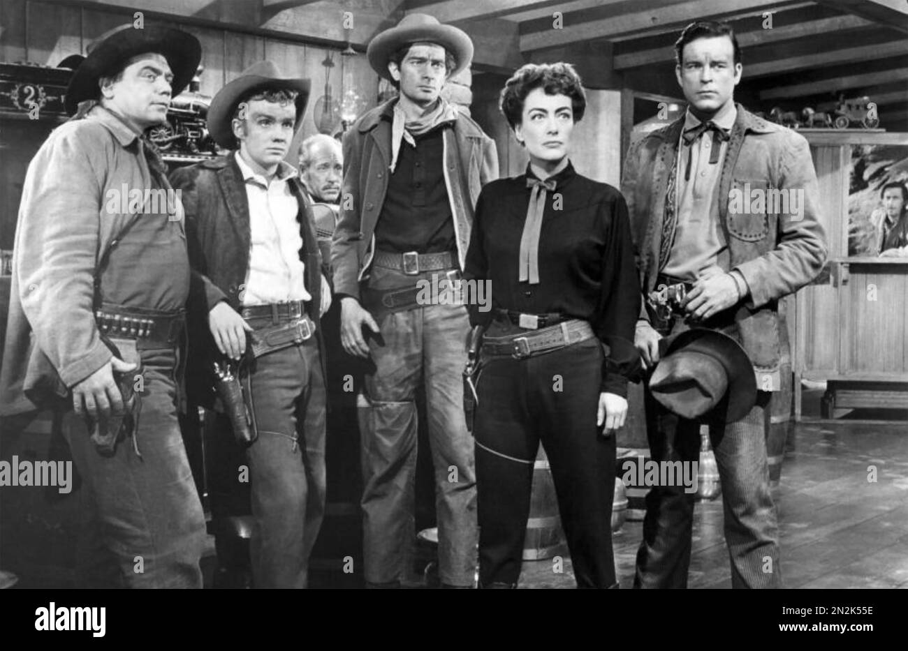 JOHNNY GUITAR 1954  Republic Pictures film with from left: Ernest Borgnine, Ben Cooper, Royal Dano, Joan Crawford, Scott Brady Stock Photo