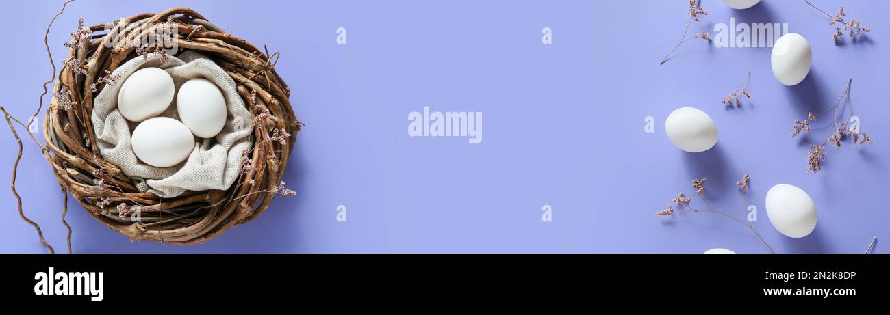 Banner with Easter eggs and space for text on lilac background Stock Photo