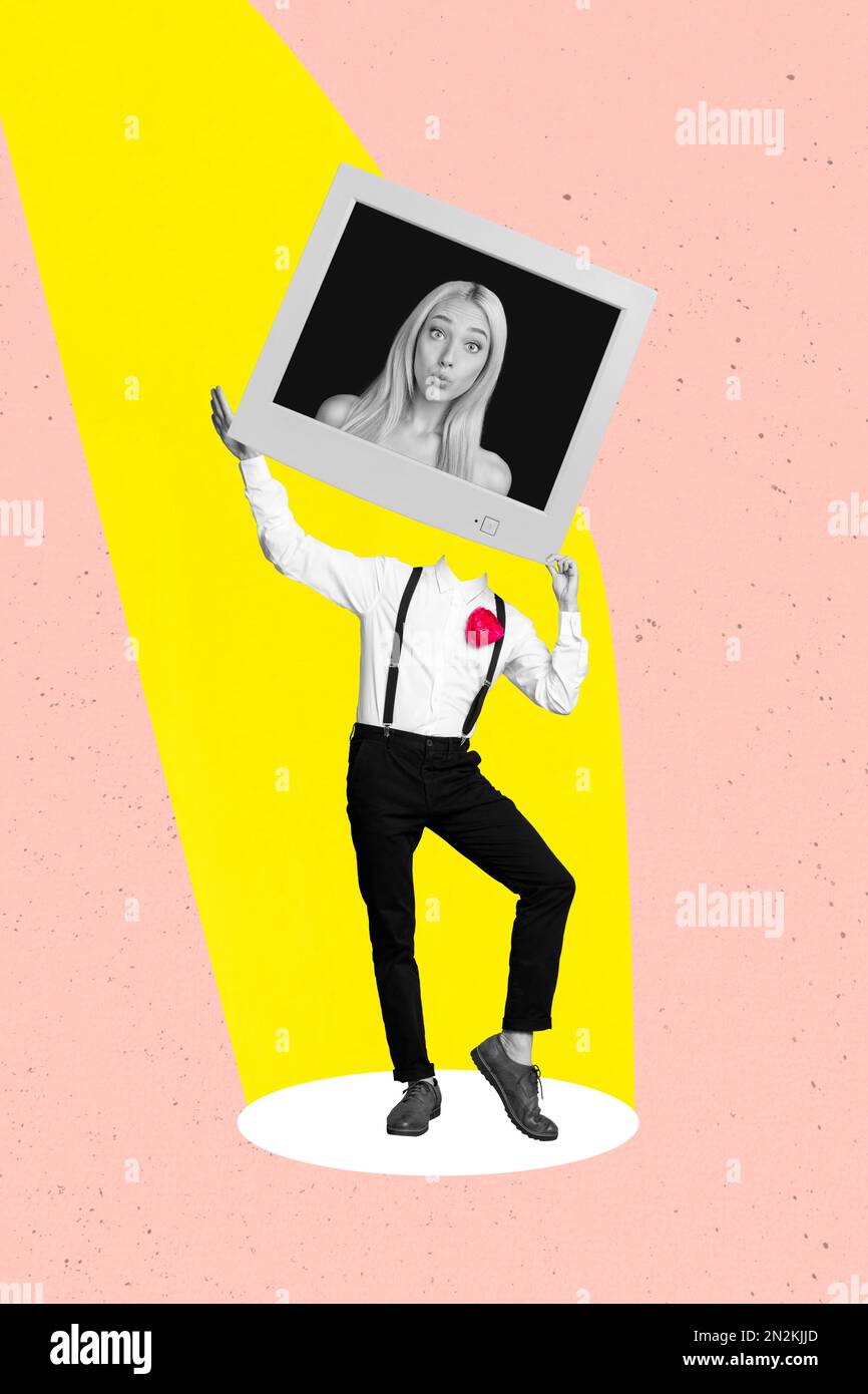 Collage photo poster artwork of nice man without face take participant