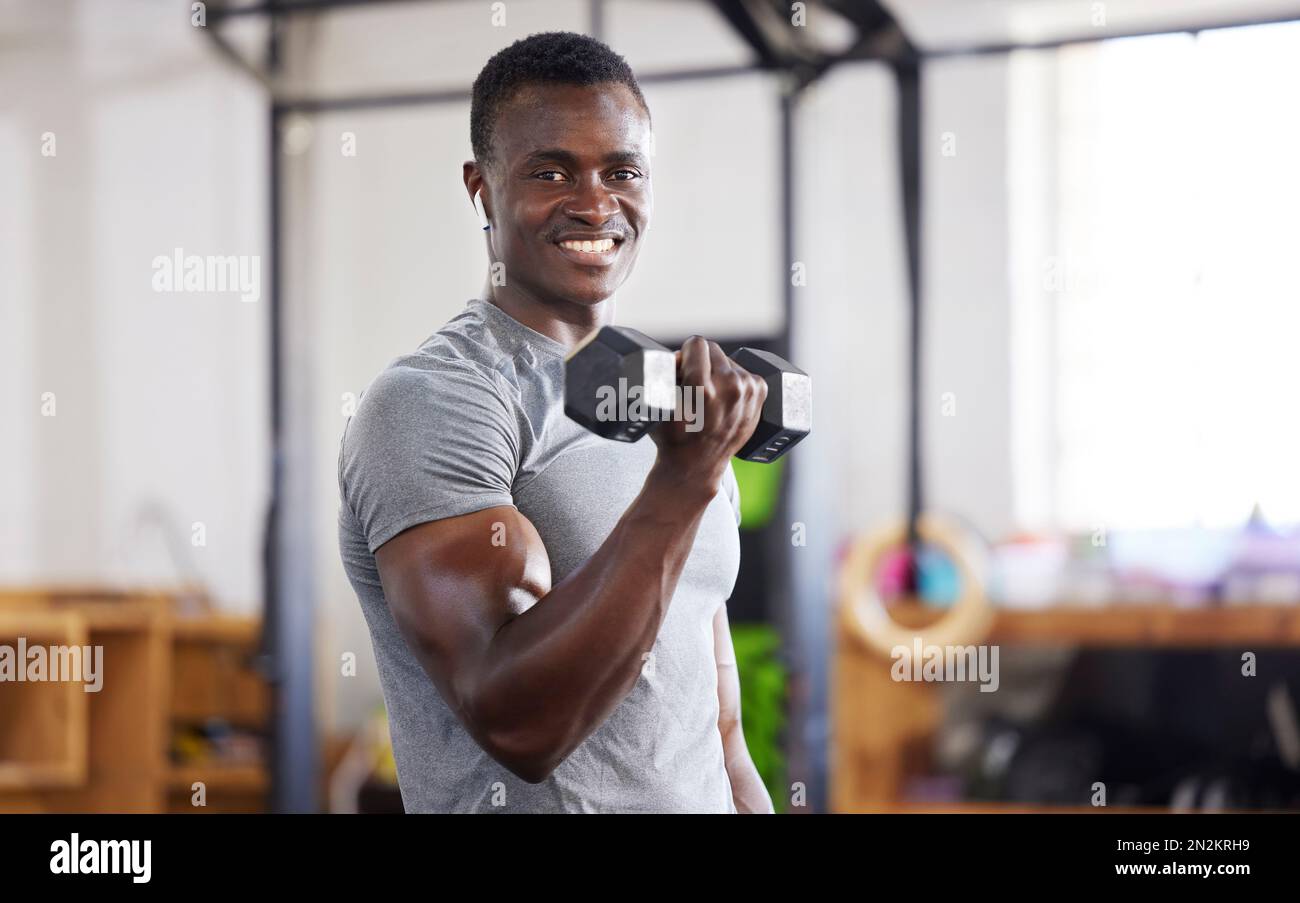 Strong, weight and portrait of a black man lifting for muscle, training ...