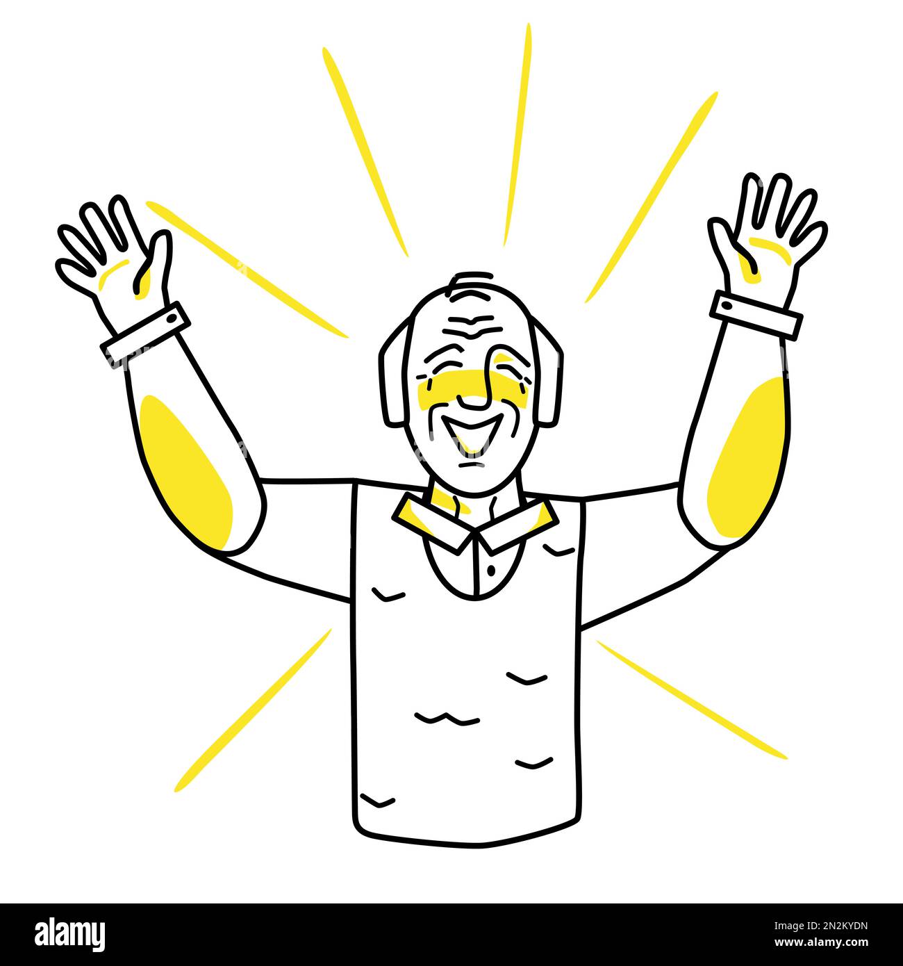 Happy old man, emotion of happiness. Joyful grandfather half body vector drawing, good spirit of elderly human, hands to the sides. Line art with yell Stock Vector