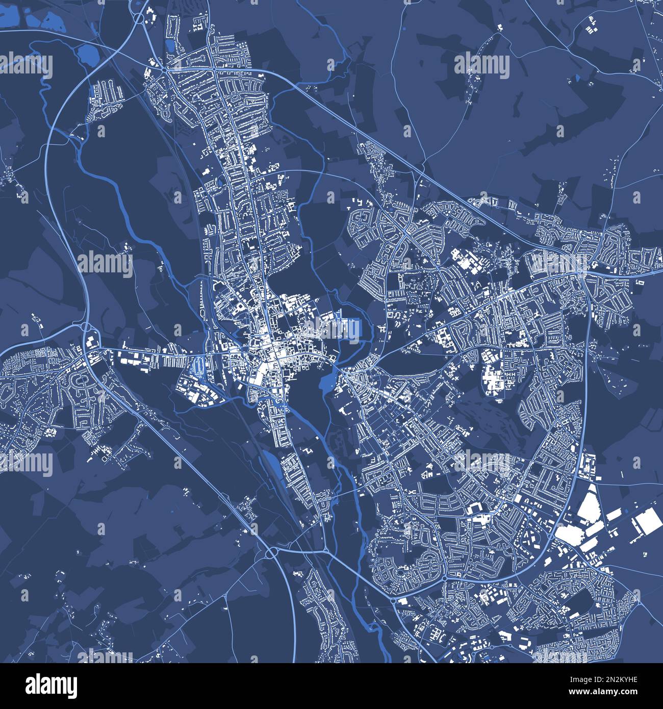 Blue square Oxford map, the UK. Skyline city territory map with roads and railways, parks and rivers. Stock Vector