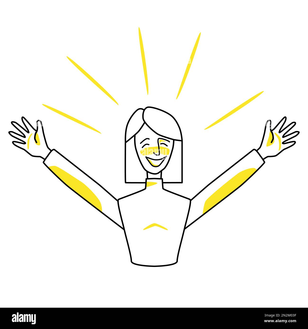 Happy woman, emotion of happiness. Joyful maiden half body vector drawing, good spirit of wife with square hairstyle, hands to the sides. Line art wit Stock Vector