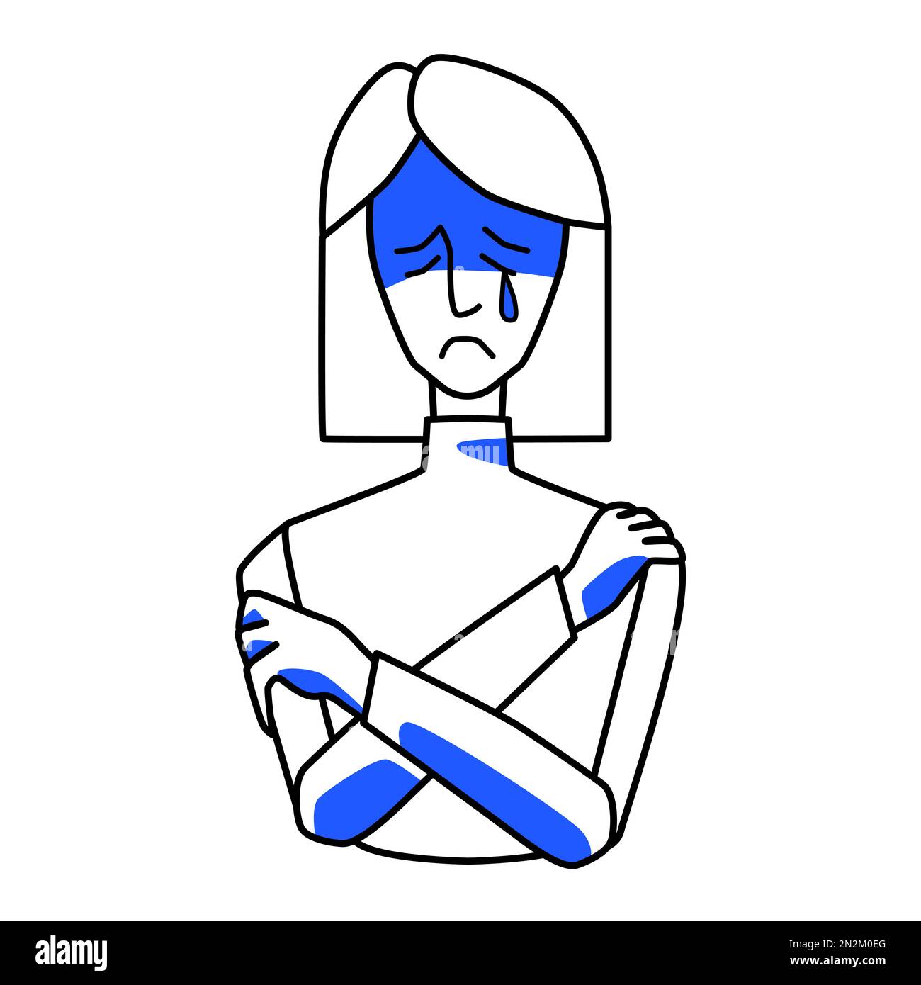 Sad woman, emotion of sorrow. Melancholy of maid, half body drawing, depressed female with tears, crying melancholy, despair and grief. Line art with Stock Vector