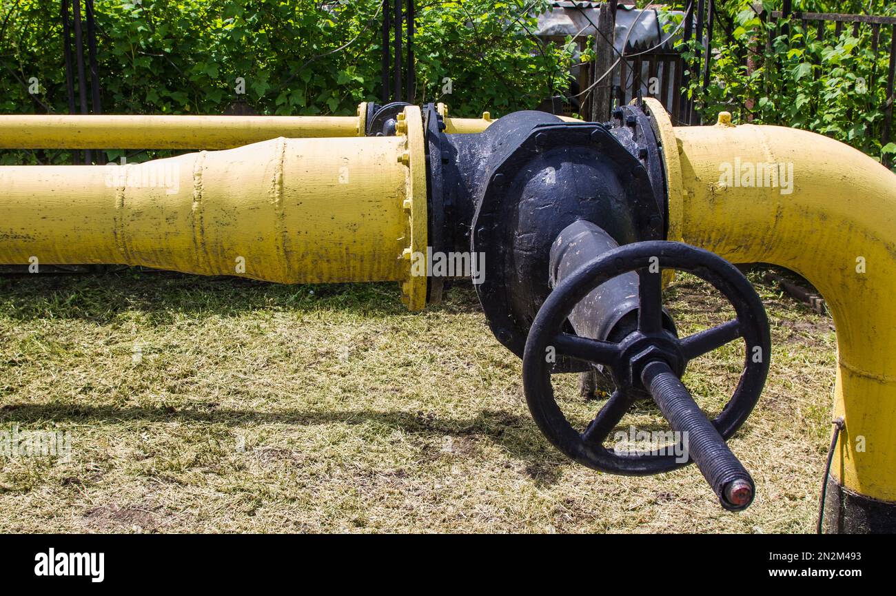 yellow gas pipe, gas supply, engineering structures Stock Photo