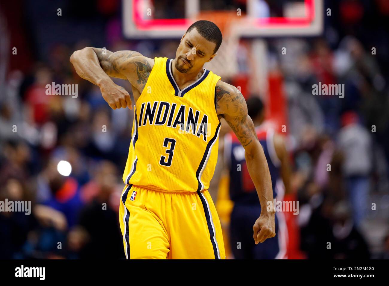 Indiana Pacers guard George Hill (3) celebrates after an NBA basketball game against the Washington Wizards, Wednesday, March 25, 2015, in Washington. Hill hit the game winning basket. The Pacers won 103-101. (AP Photo/Alex Brandon) Stock Photo