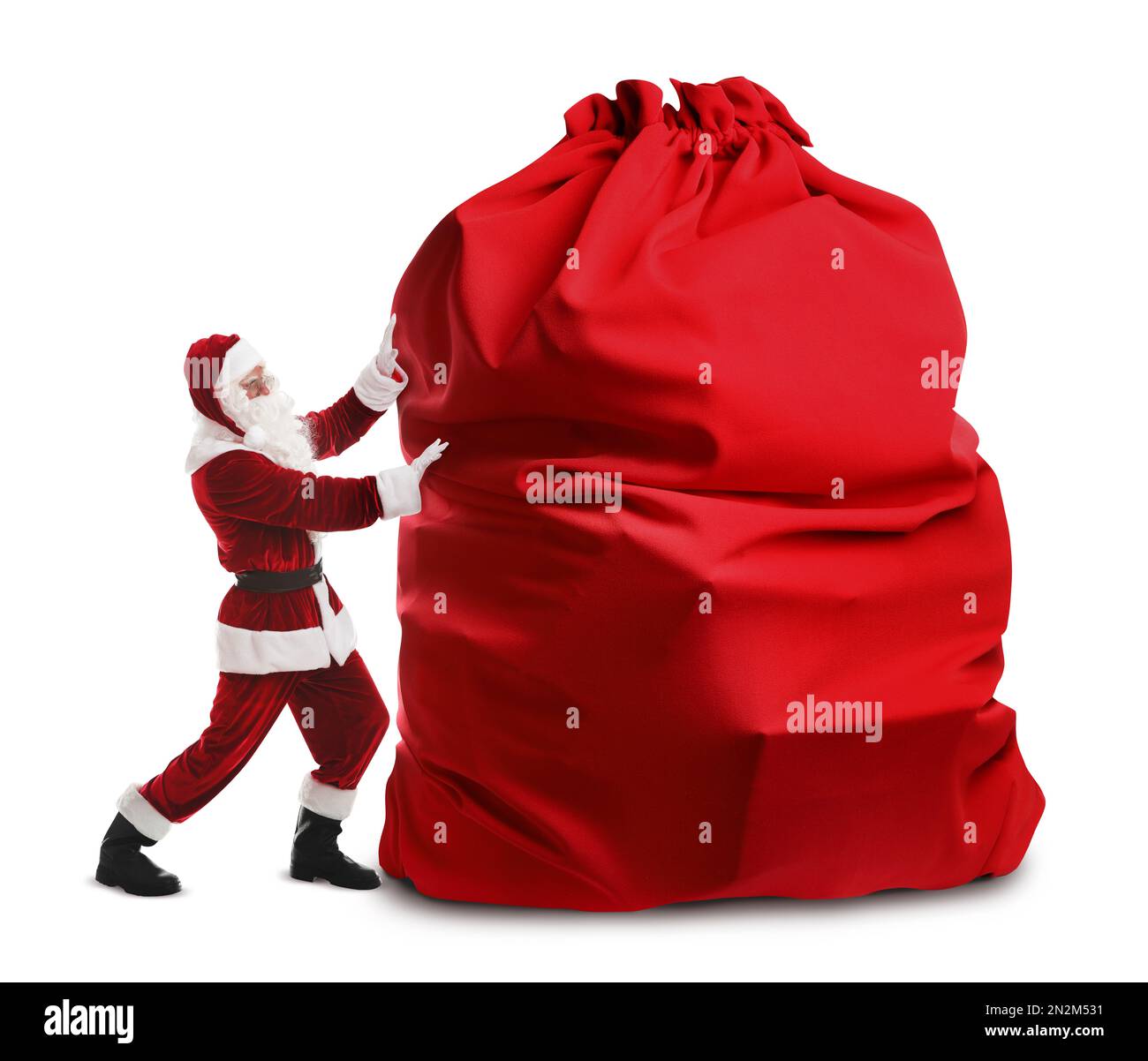 Santa Claus with enormous red bag full of Christmas gifts on white ...