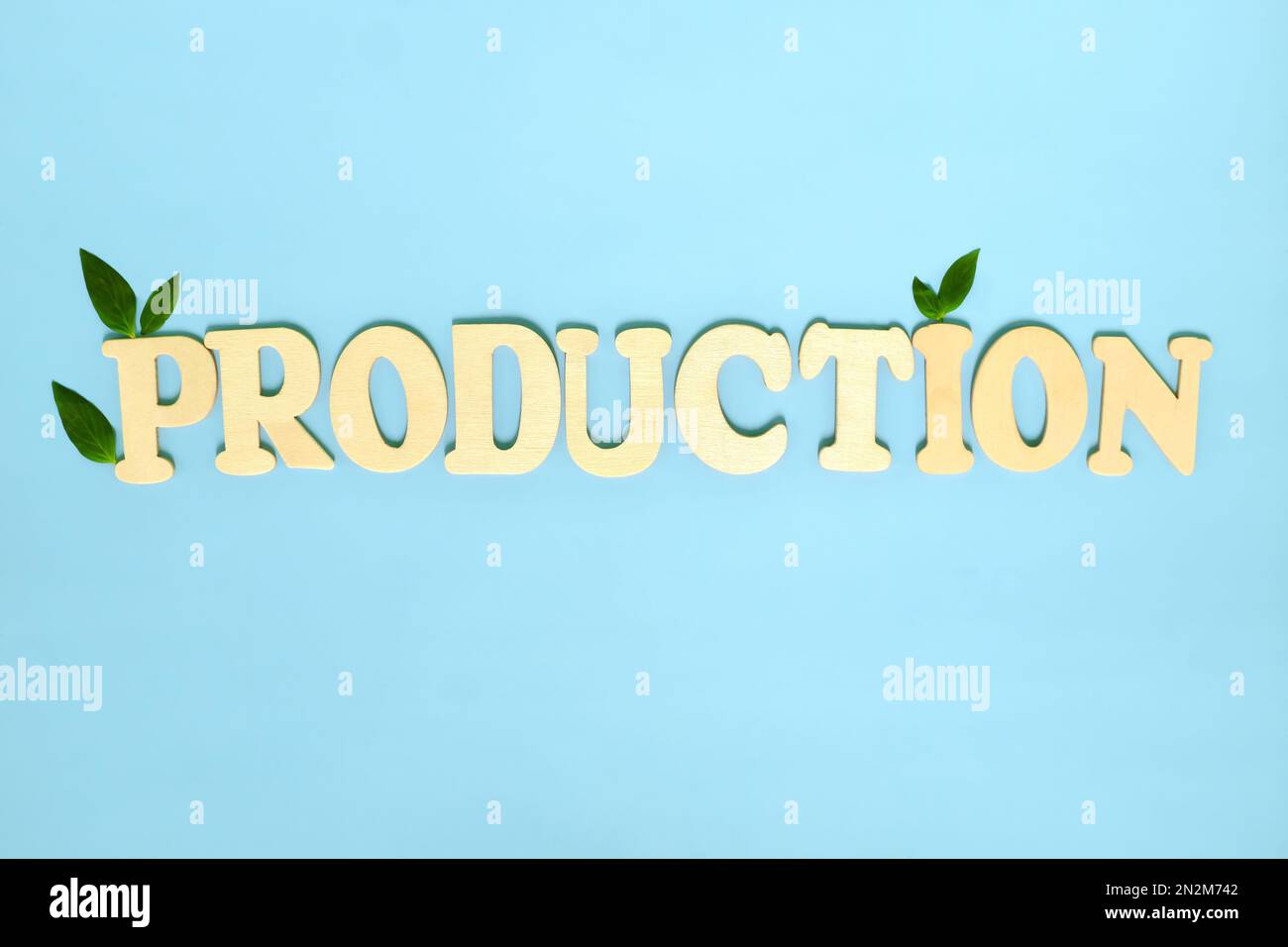 Sustainable production and manufacturing concept. Word flat lay icon with fresh green leaves. Stock Photo