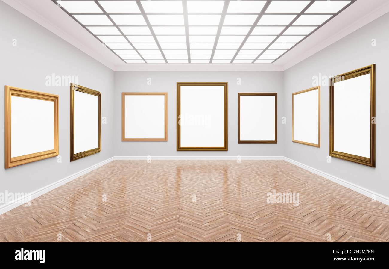 3d rendering illustration of classical gallery. Fine art museum. White blank canvases in gorgeus golden frames. Poster, artwork, paint mock up, templa Stock Photo