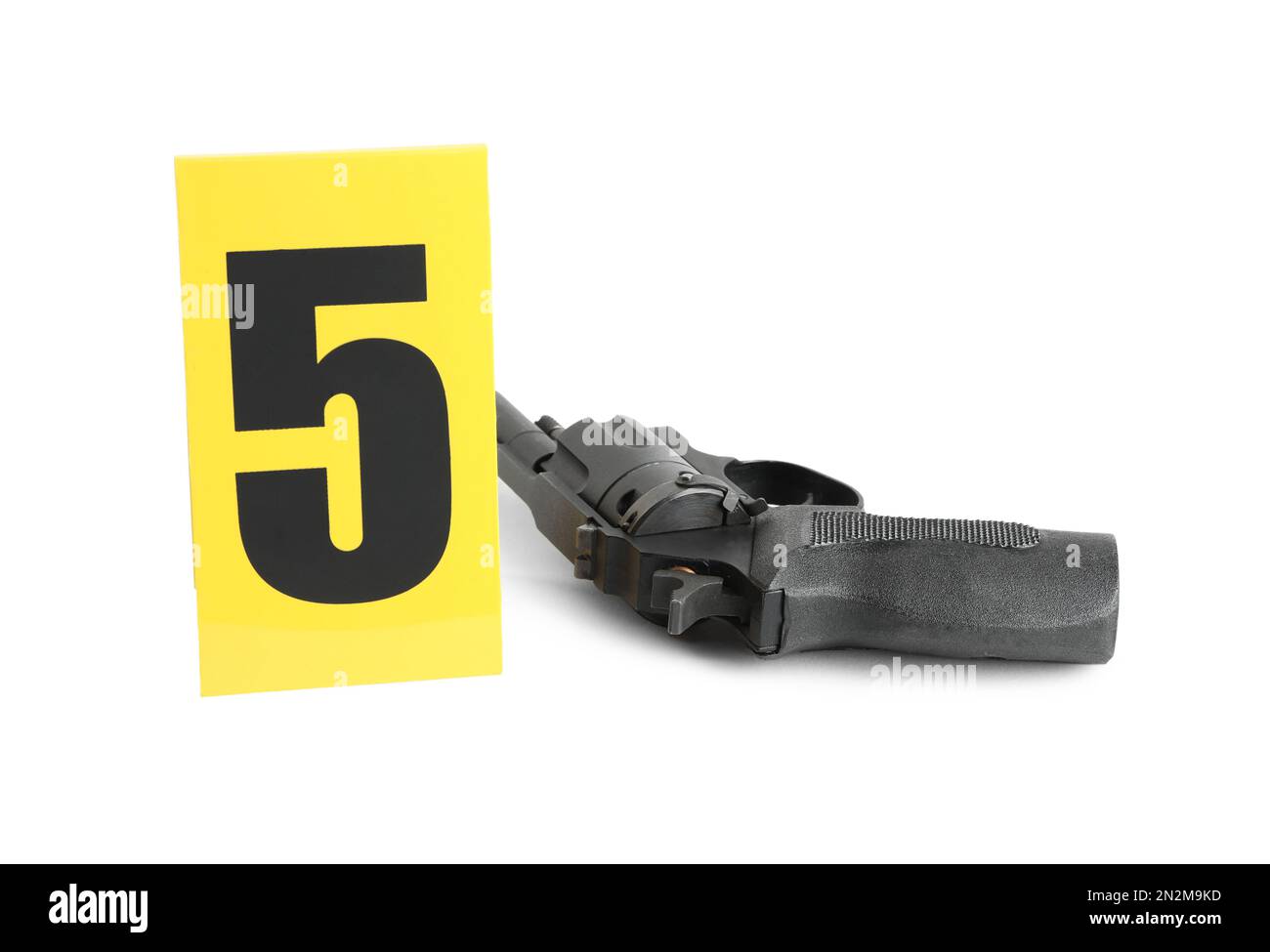 Gun and crime scene marker with number five isolated on white Stock ...