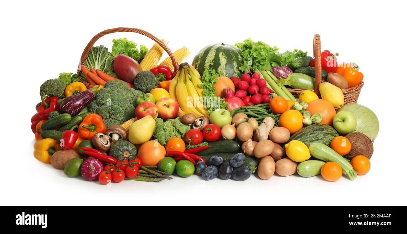 Assortment of fresh organic fruits and vegetables on white background ...
