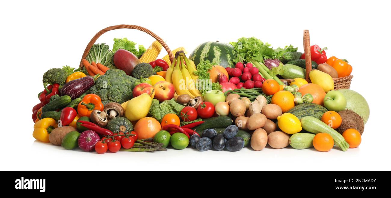 Assortment of fresh organic fruits and vegetables on white background ...