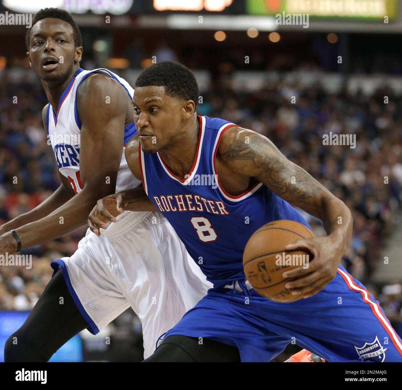 Sacramento Kings forward Rudy Gay, right, drives against