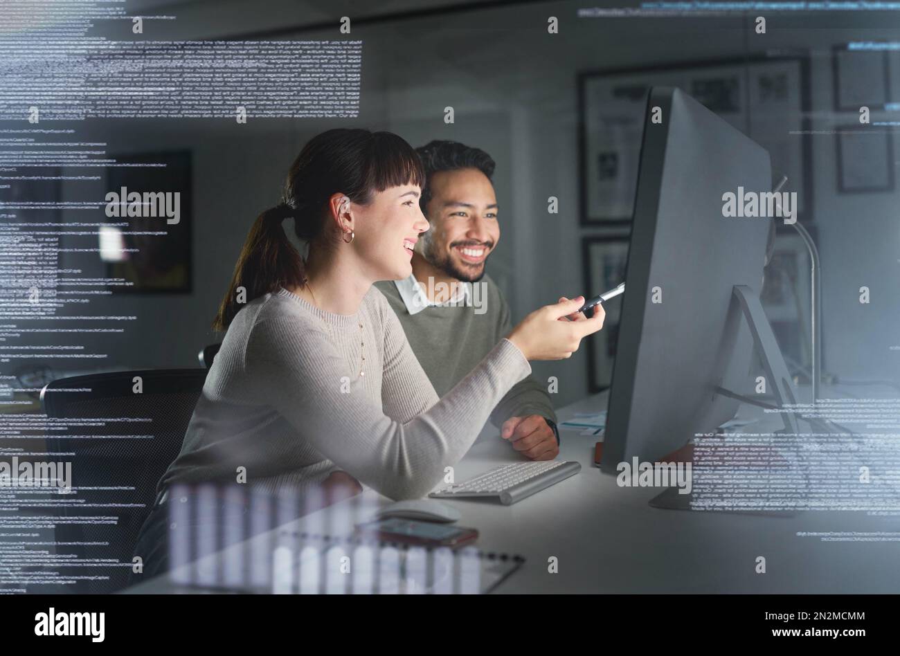 Teamwork, computer hologram and people with data analytics, cyber security research and cloud computing. Coding, programming and developer woman with Stock Photo
