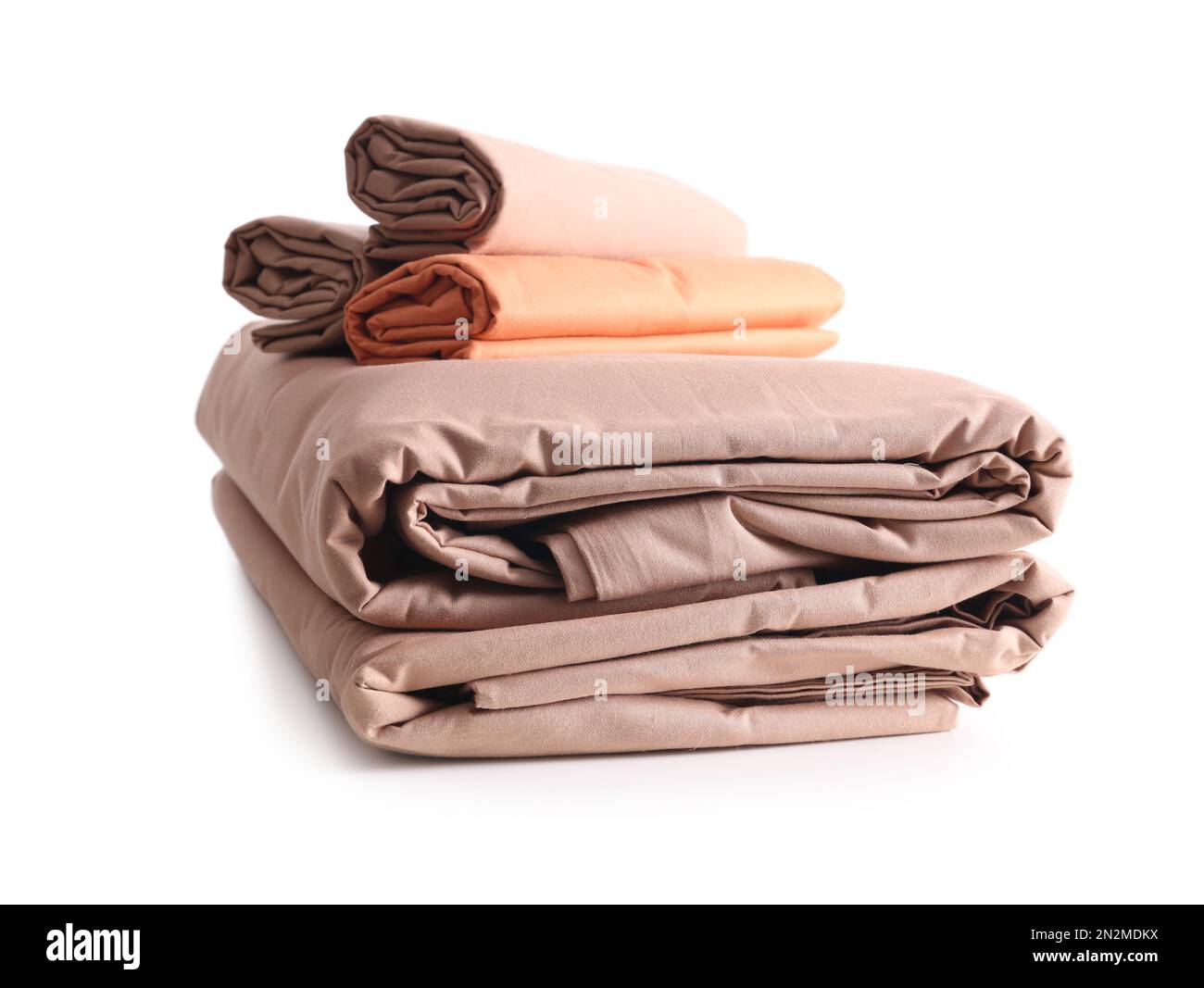 Stack of clean bed sheets isolated on white Stock Photo Alamy