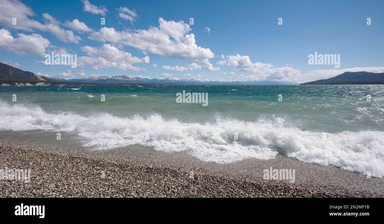 Lago Fagnano, rough water and beach, Tierra del Fuego, Patagonia, Argentina. Stock Photo