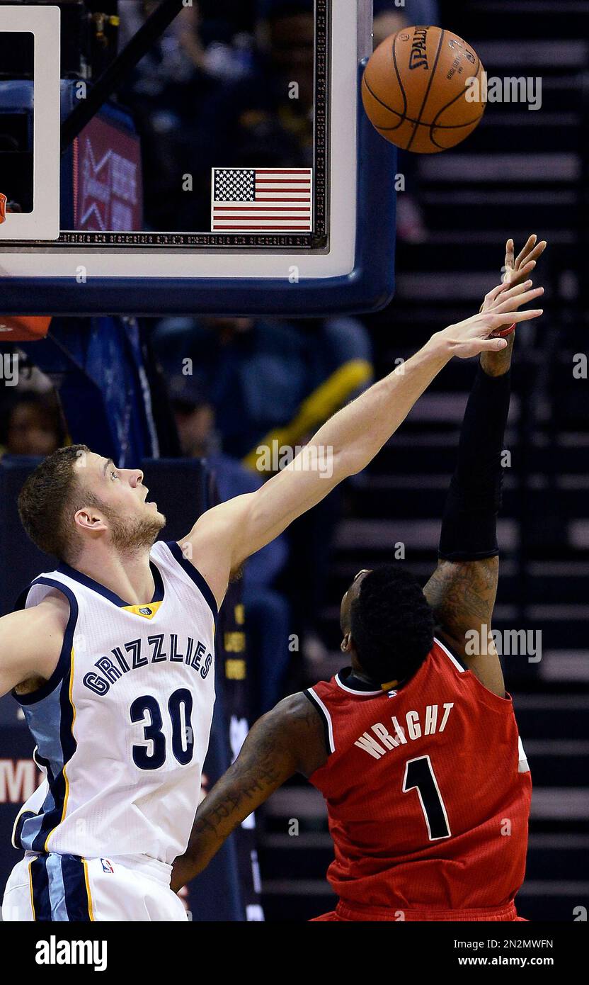 Portland Trail Blazers forward Dorell Wright (1) shoots over Memphis  Grizzlies forward Jon Leuer (30) in the second half of an NBA basketball  game Saturday, March 21, 2015, in Memphis, Tenn. The