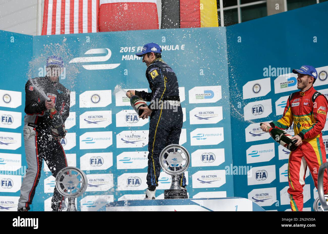 Nicolas Prost with the E. Dams Renault team, center, sprays champagne