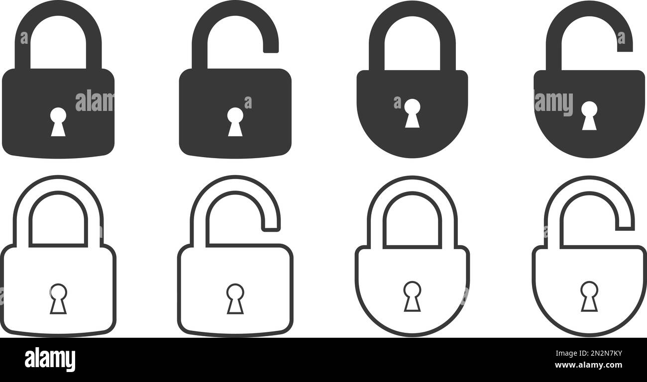 set of open and close padlock line and flat icon. collection of locked and unlocked lock on transparent background. Group Security symbol for your web Stock Vector