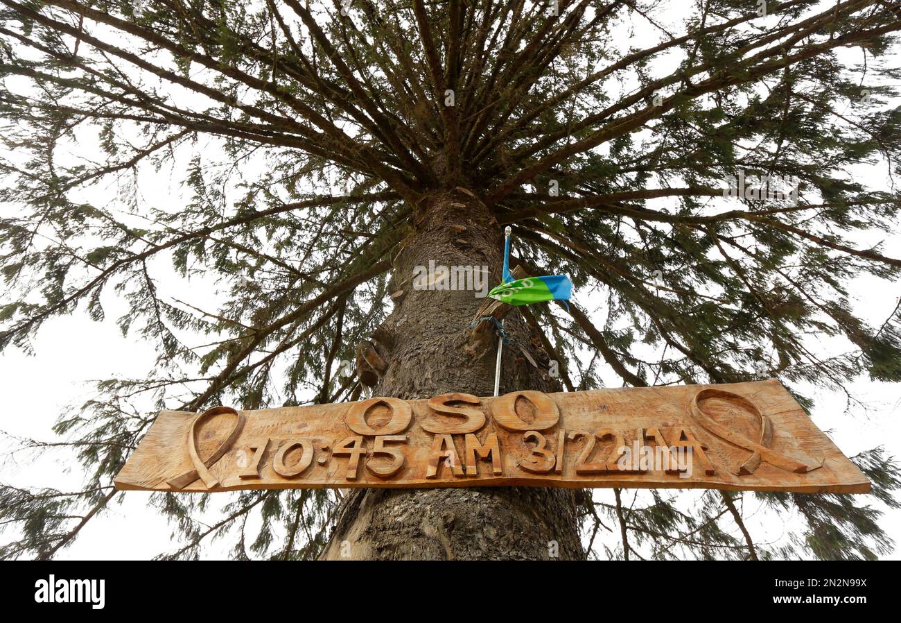 A roadside sign is shown Tuesday, March 17, 2015 that marks the ...