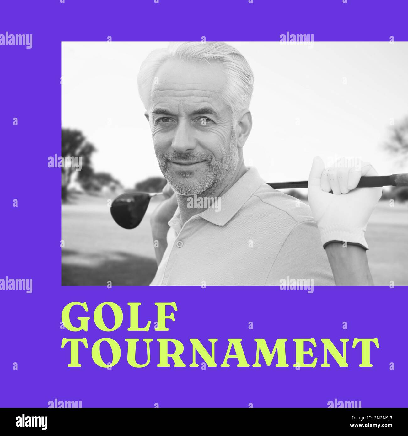 Square image of golf tournament with caucasian senior male player and