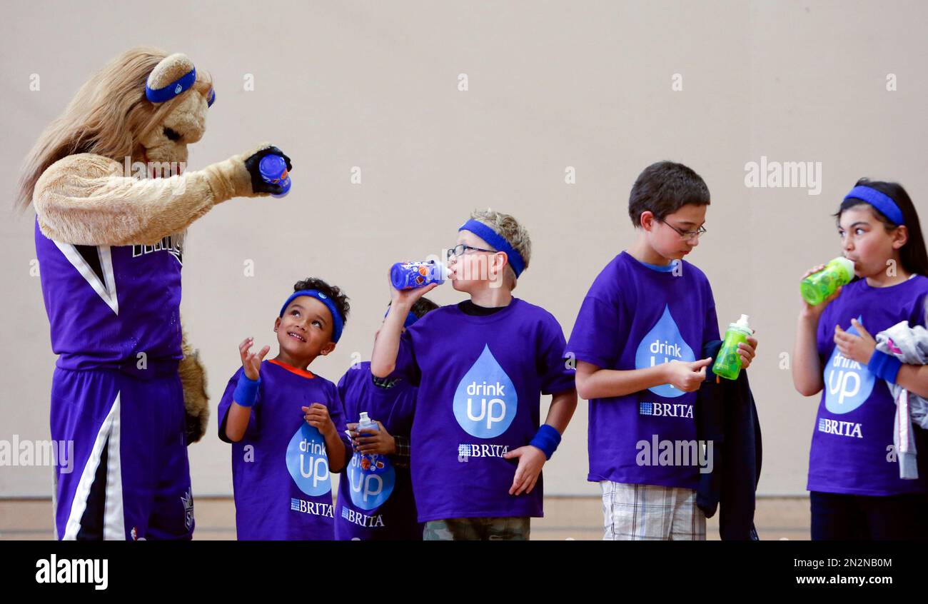 Sacramento Kings mascot Slamson the Lion teams up with Brita and the