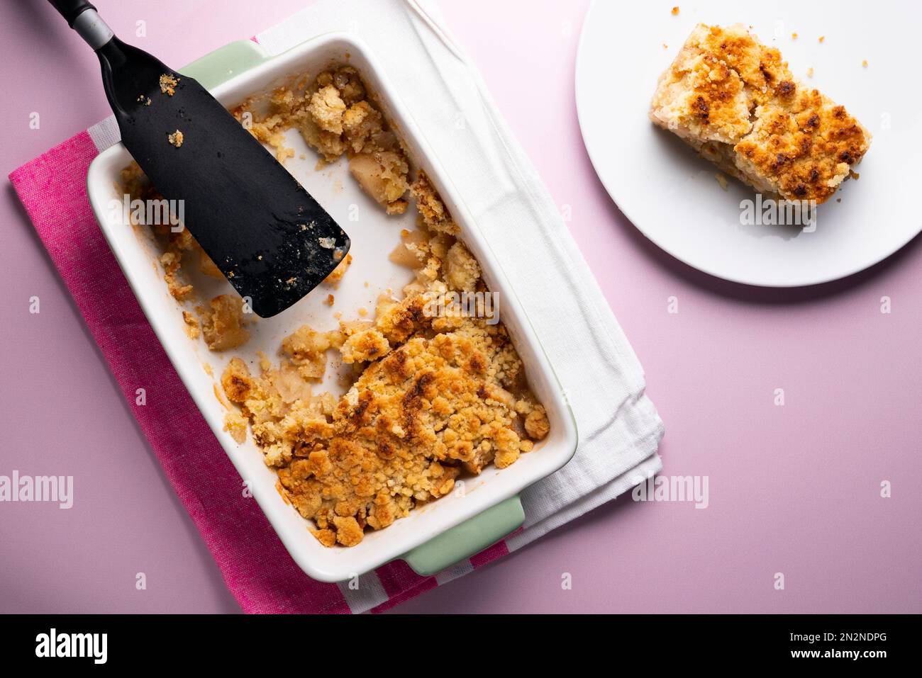 Apple crumble.The crumble is a cake with fruits. It is made with various fruits that are covered