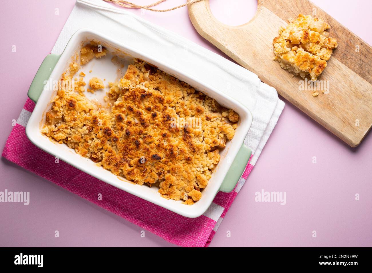 Apple crumble.The crumble is a cake with fruits. It is made with various fruits that are covered