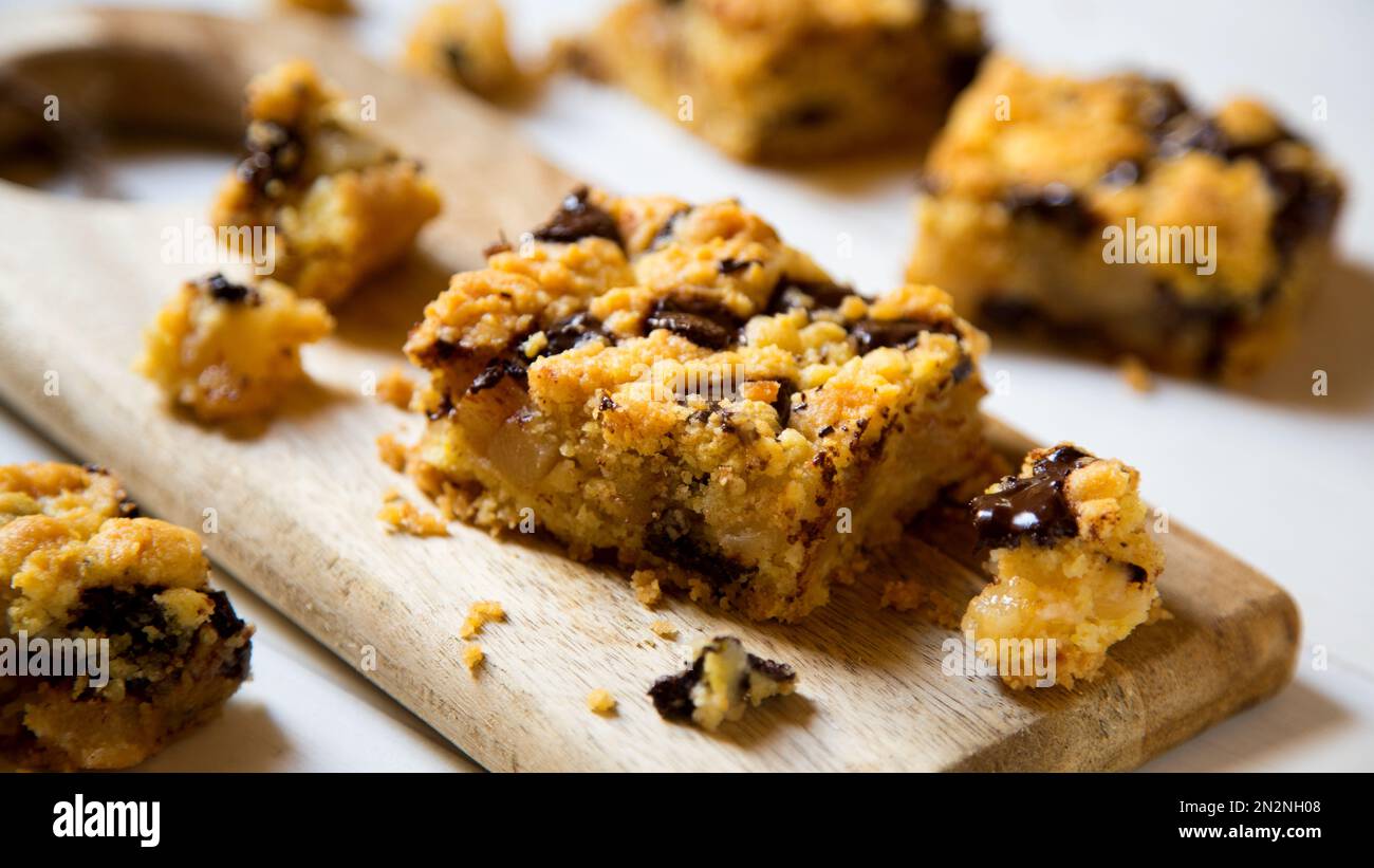 Pear and chocolate crumble.The crumble is a cake with fruits. It is