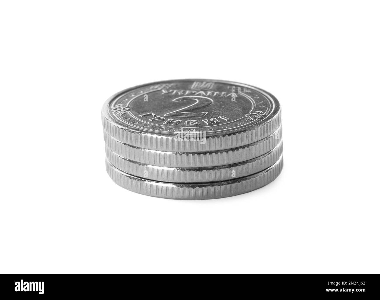 Stack of Ukrainian coins on white background. National currency Stock Photo